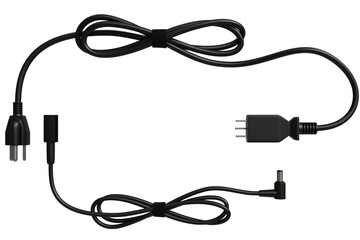 close-up studio shot depicts two black power cables neatly arranged on a transparent background. One cable features a standard AC plug and a DC barrel connector. 