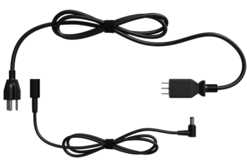 close-up studio shot depicts two black power cables neatly arranged on a transparent background. One cable features a standard AC plug and a DC barrel connector. 