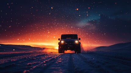 Driving Winter Night. Truck and Car on Road Under Starry Sky