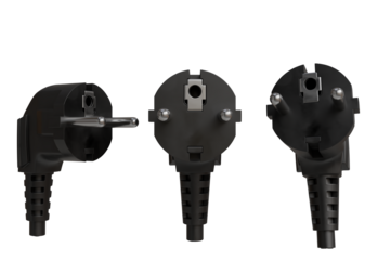 Three black electrical plugs, one angled, one facing forward, one rear view, showing various pin configurations and ribbed bodies.  All are against a black background