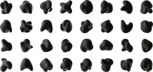 Arrangement of thirty five dark abstract shapes on a white background