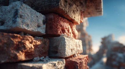 Rustic Charm: A Detailed View of an Aged Brick Wall against a Faded Sky
