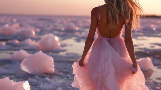 Model walks along the shoreline wearing a pink dress during sunset with a unique landscape of pink foam and water - Powered by Adobe