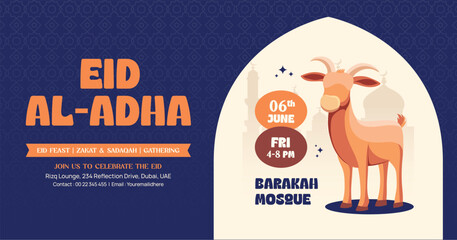 Eid Al-Adha Celebration Banner with Goat and Mosque Arch