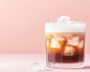 A refreshing glass of iced coffee sits on a smooth pink background, featuring ice cubes and rich foam. Perfect for summer enjoyment.