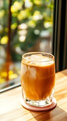 A refreshing iced coffee sits elegantly on a wooden table, illuminated by natural light streaming through a window, inviting a serene experience.