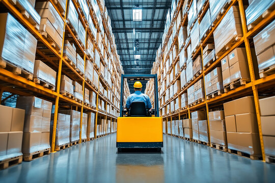 Retail warehouse with forklift operator moving goods ideal for shipping and storage solutions - Powered by Adobe