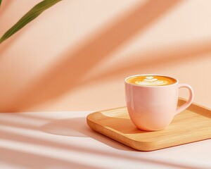 A beautifully styled pink coffee cup sits on a wooden tray against a soft pastel background, creating a warm and inviting atmosphere for coffee lovers.