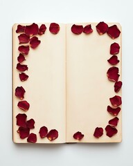 An open notebook adorned with delicate red rose petals, inviting creativity and romance. Perfect for journaling, writing, or capturing memories.