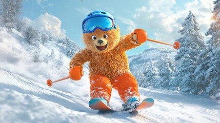 Cute teddy bear skiing downhill in snowy forest wearing orange gear.
