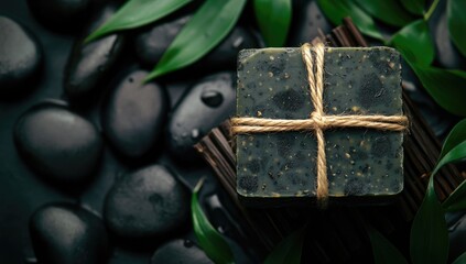 Obraz premium Dark soap on bamboo with stones and leaves