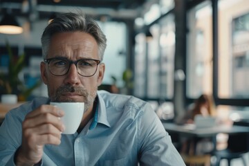 Sharp Picture of Serious Pensive Businessman Drinking Coffee in Office