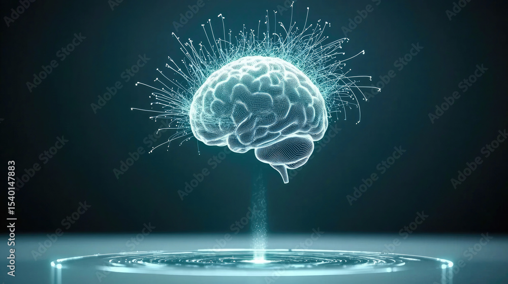 Poster hologram brain digital table neural network technology artificial intelligence glowing futuristic sc