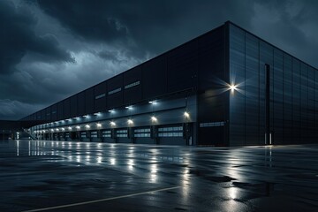 Ultra Hd Image of Sleek Warehouse Office Building at Night
