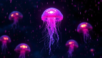 Glowing cybernetic jellyfish floating through a dark digital ocean .