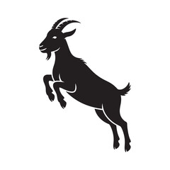 Jumping goat silhouette icon with horns and beard, farm animal graphic isolated on white background.