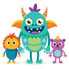 Hand Drawn Cute and Funny Monster Character Set Isolated on White Background