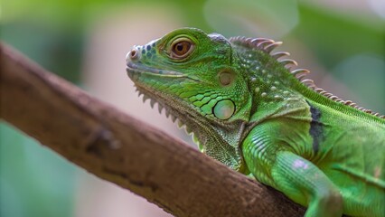 Vibrant Green Iguana Perched on Tree Branch
