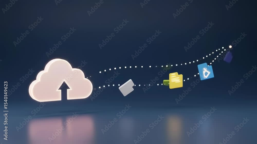 Poster cloud upload icon with data folders flowing. digital information transfer concept. data storage and 