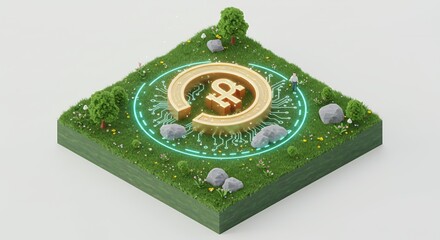 Golden Symbol Encircled with Glowing Aura on Grassy Isometric Voxel Art Tile
