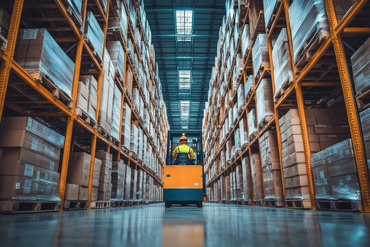 Forklift operator in storage warehouse ideal for logistics, supply chain and distribution themes