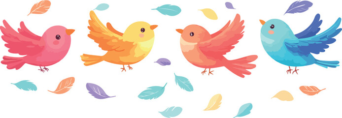 Colorful Cartoon Birds and Feathers on White Background Cute Vector Illustration for Children s Designs Prints and Decorations with Pink Yellow Orange and Blue Birds