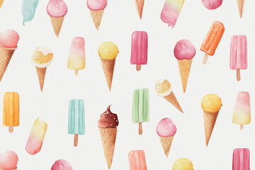 Watercolor pattern of assorted ice creams and popsicles on white background