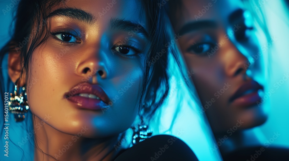Poster portrait of a model showcasing captivating features and reflections in a vivid blue light setting at