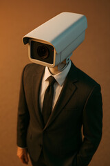 A figure in a business suit has a surveillance camera for a head, symbolizing constant monitoring and the pervasive nature of observation