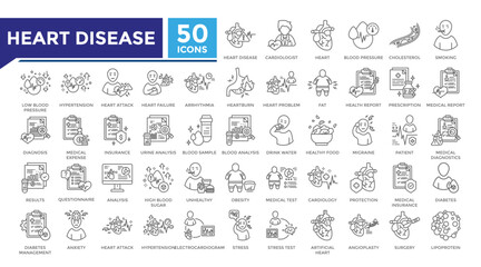 Heart disease lineal icon set collection. This set includes obesity, plasma, cardiology, diabetes, blood pressure, cholesterol and more icons in lineal style. Vector icons collection for infographics