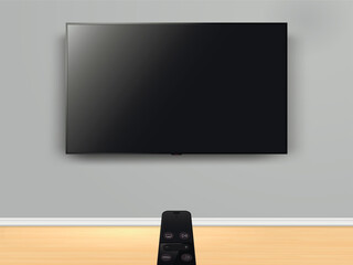 Watching smart tv with remote control. Remote control is pointed at the tv on the wall.