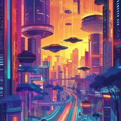 Futuristic cityscape with flying cars, neon lights, and towering skyscrapers under a glowing sky