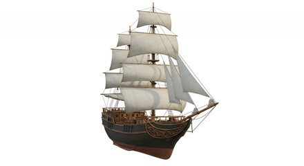 High Angle View of Traditional Indonesian Sailing Ship with White Sails Isolated by White Screen