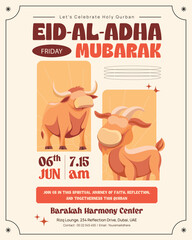 Eid Al-Adha Mubarak Illustration Instagram Post with Sacrificial Cow and Goat