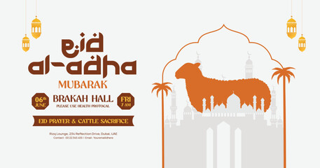 Eid Al-Adha Mubarak Banner with Sheep Silhouette and Mosque