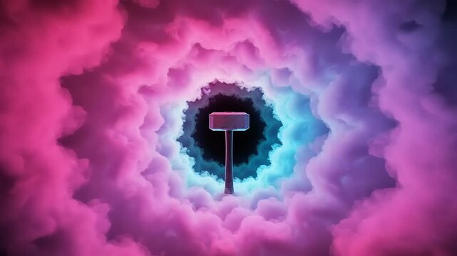 Vibrant cosmic scene featuring a mystical hammer surrounded by swirling colorful clouds