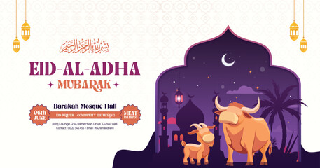 Eid Al-Adha Mubarak Celebration Banner with Sacrificial Animals and Mosque