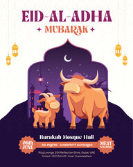 Eid Al-Adha Mubarak Celebration Instagram Post with Sacrificial Animals and Mosque
