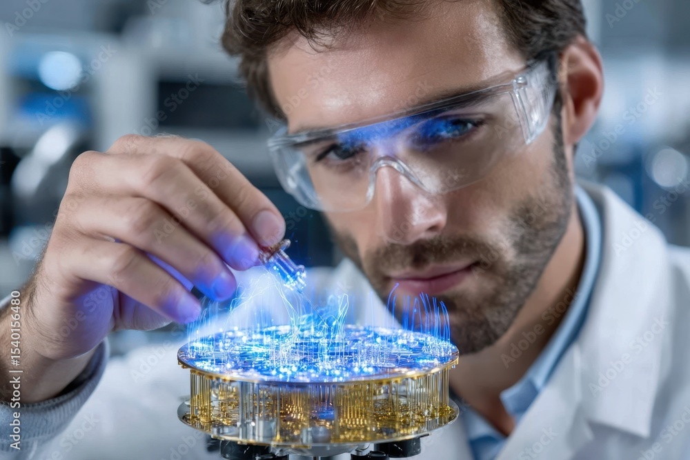 Poster scientist conducting research on quantum computing technology in a laboratory