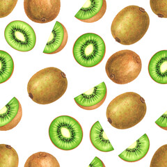 Fototapeta premium Seamless Pattern Kiwi Fruit Pattern: A vibrant and appetizing seamless pattern featuring whole kiwifruits and slices, perfect for adding a touch of freshness to any design project.