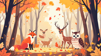 Stylized woodland scene with fox, deer and other animals
