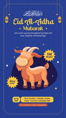Eid Al-Adha Mubarak Story Design with Cartoon Goat and Islamic Elements