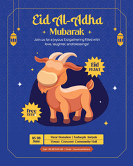 Eid Al-Adha Mubarak Instagram Post with Cartoon Goat and Islamic Elements