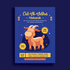 Eid Al-Adha Mubarak Flyer with Cartoon Goat and Islamic Elements
