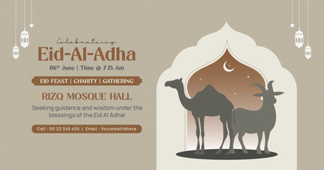 Eid Al-Adha Celebration Banner with Camel and Goat Silhouettes