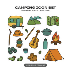 Camping Icon Set with Tent, Caravan, Campfire and Outdoor Gear