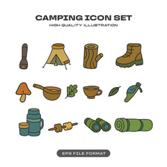 Camping Icon Set with Flashlight, Tent, Boots and Outdoor Gear