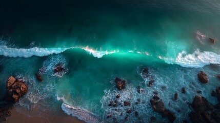Waves hit rocky coastline.