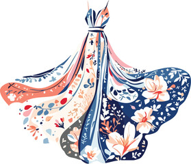 Vector illustration of an elegant flowing floral dress with colorful botanical details on white.