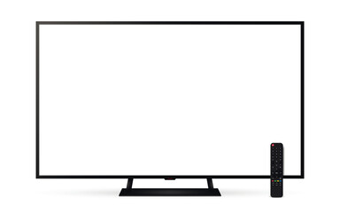 Realistic tv blank screen with remote control isolated on white background.